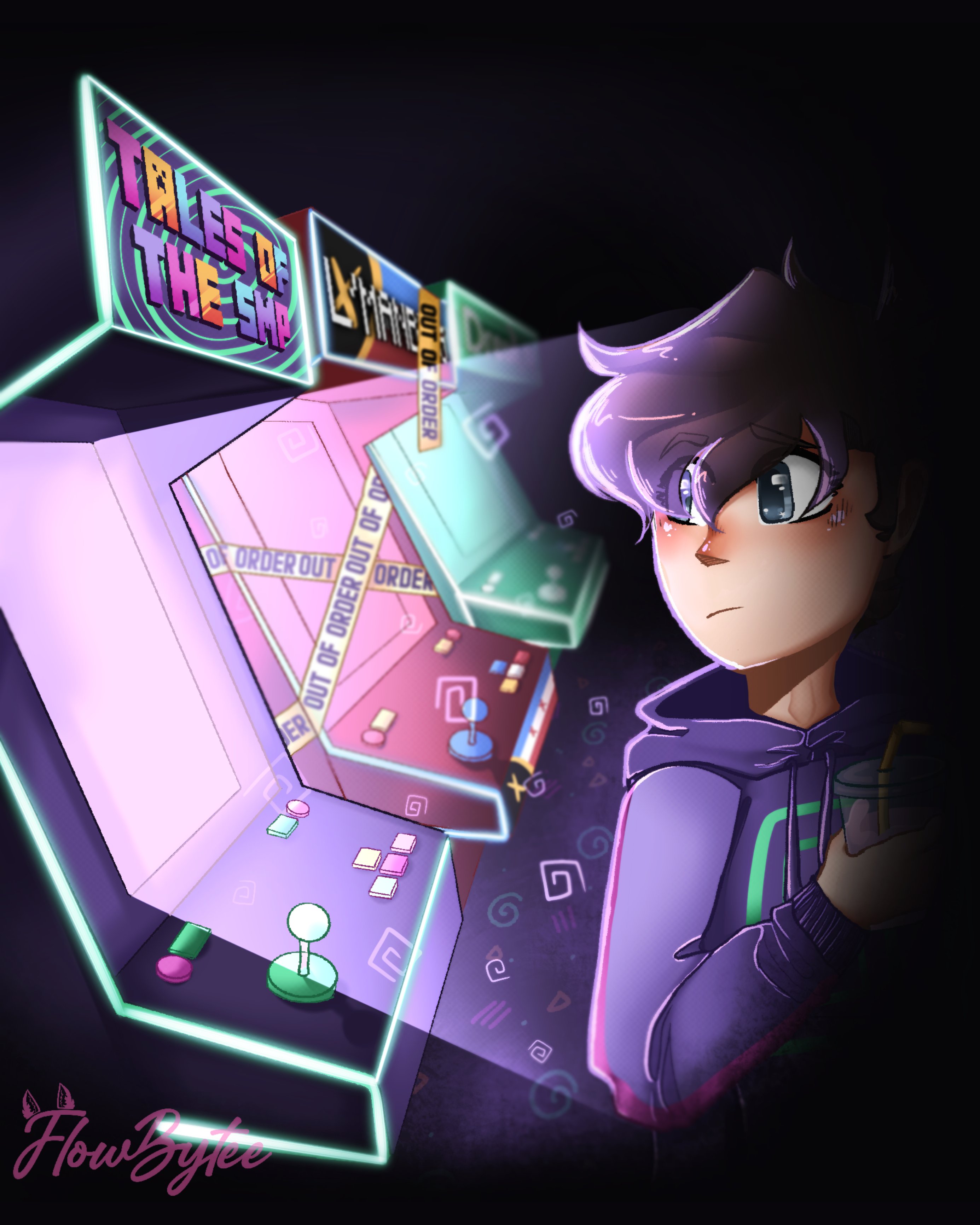 This is a drawing of Karl from the waist-up. He's wearing his purple hoodie with the green swirl. He's standing in a dark room looking at a series of arcade machines. The one closest to the screen with the title Tales of the SMP is shining a brighter light than the others, drawing Karl's attention. The next one back is L'manberg but there is out of order caution tape covering its screen. The third arcade machine is hard to make out, but it says Dream SMP.